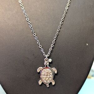 Dainty Silver Plated Crystal Turtle Pendant Necklace